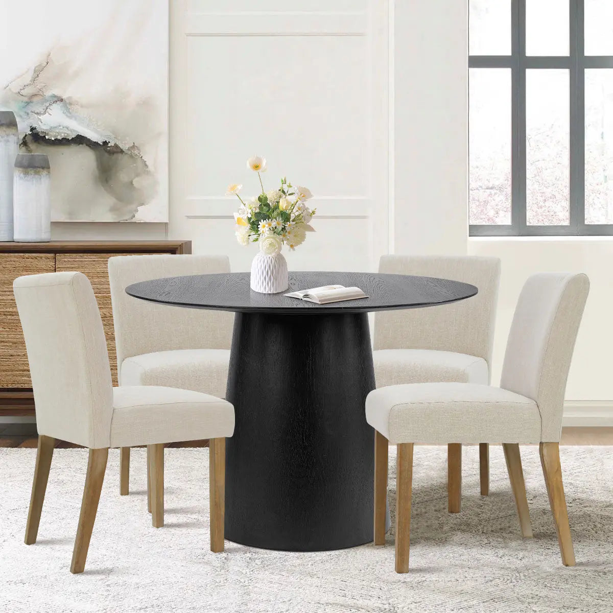 Saigong 42" White Oak Modern Elegance: Round Table & North Dining Chairs, Detail-Oriented 4-Seater Dining Set The Pop Maison