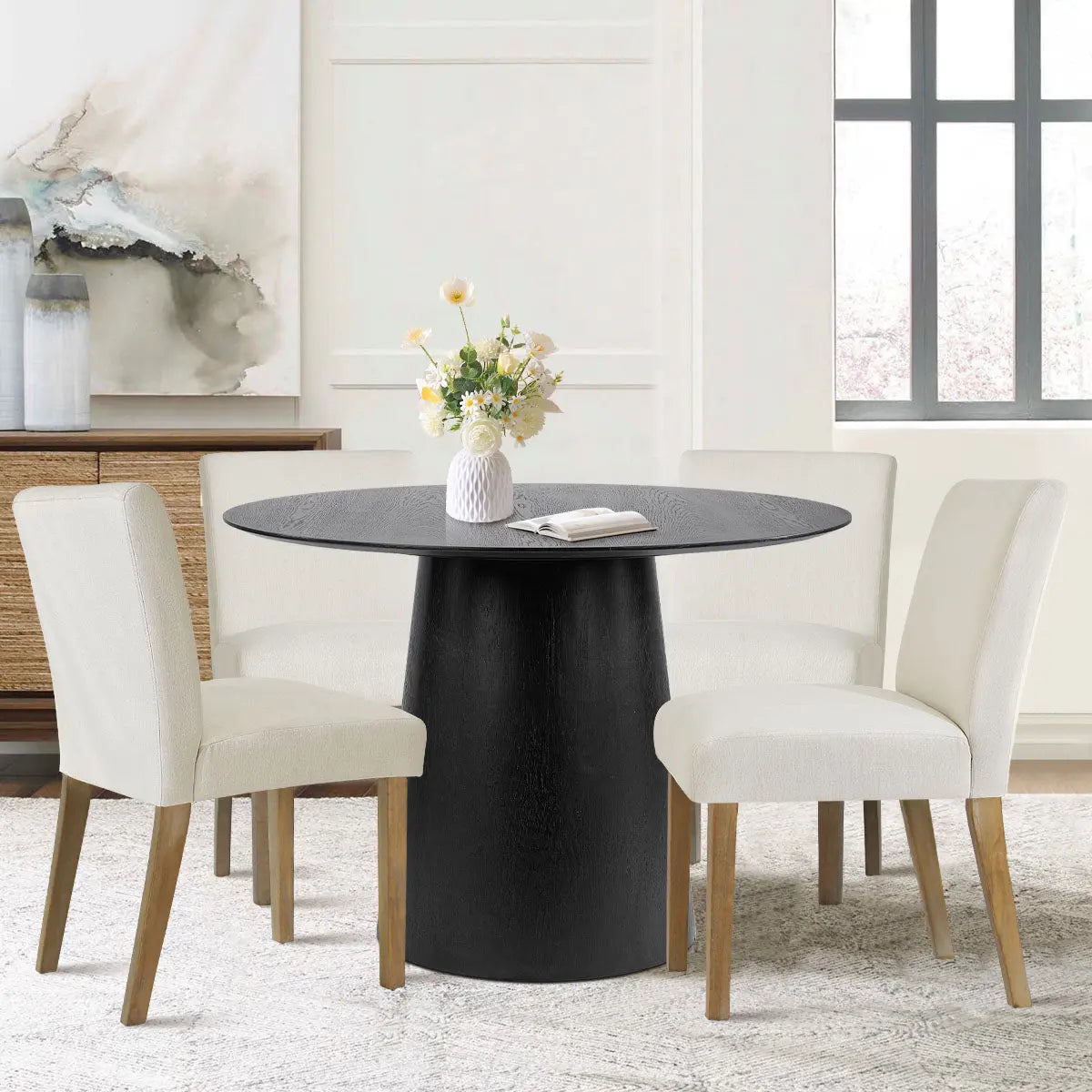 Saigong 42" White Oak Modern Elegance: Round Table & North Dining Chairs, Detail-Oriented 4-Seater Dining Set The Pop Maison