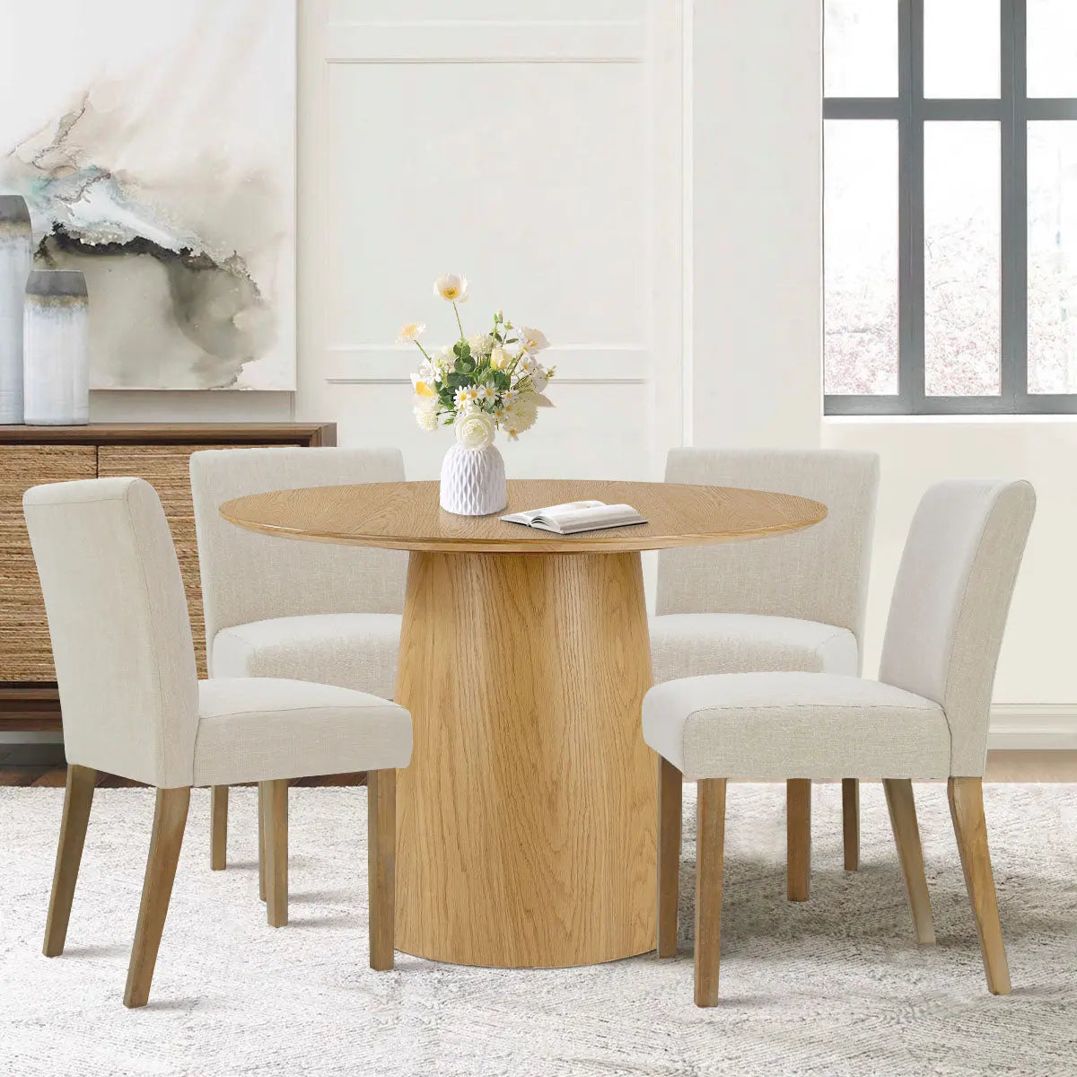 Saigong 42" White Oak Modern Elegance: Round Table & North Dining Chairs, Detail-Oriented 4-Seater Dining Set The Pop Maison