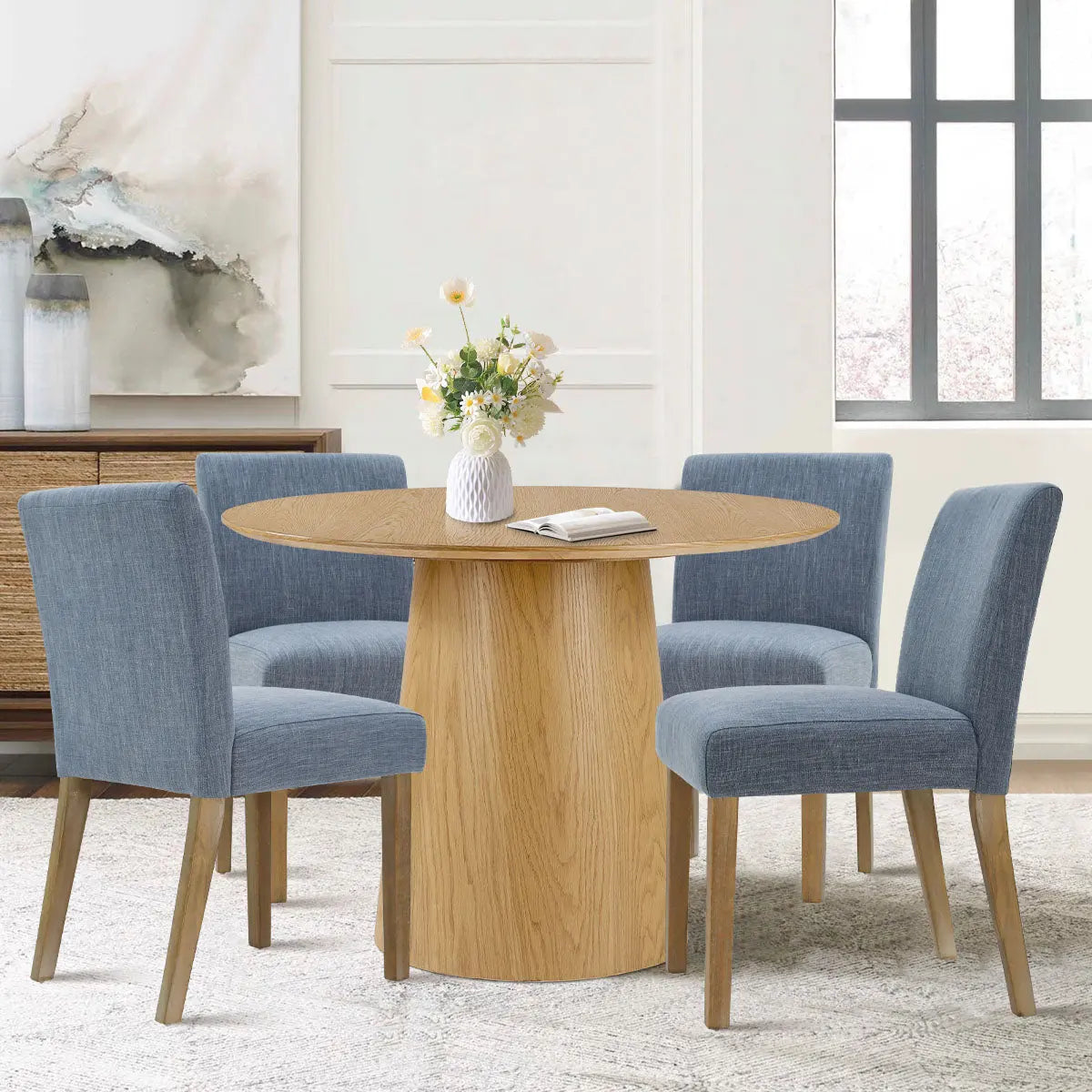 Saigong 42" White Oak Modern Elegance: Round Table & North Dining Chairs, Detail-Oriented 4-Seater Dining Set The Pop Maison