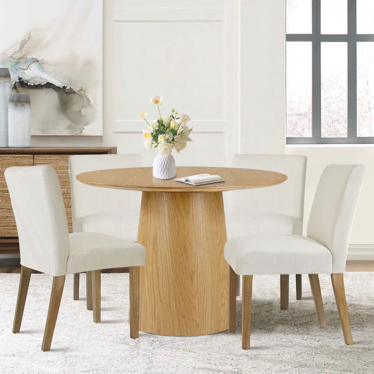 Saigong 42" White Oak Modern Elegance: Round Table & North Dining Chairs, Detail-Oriented 4-Seater Dining Set The Pop Maison