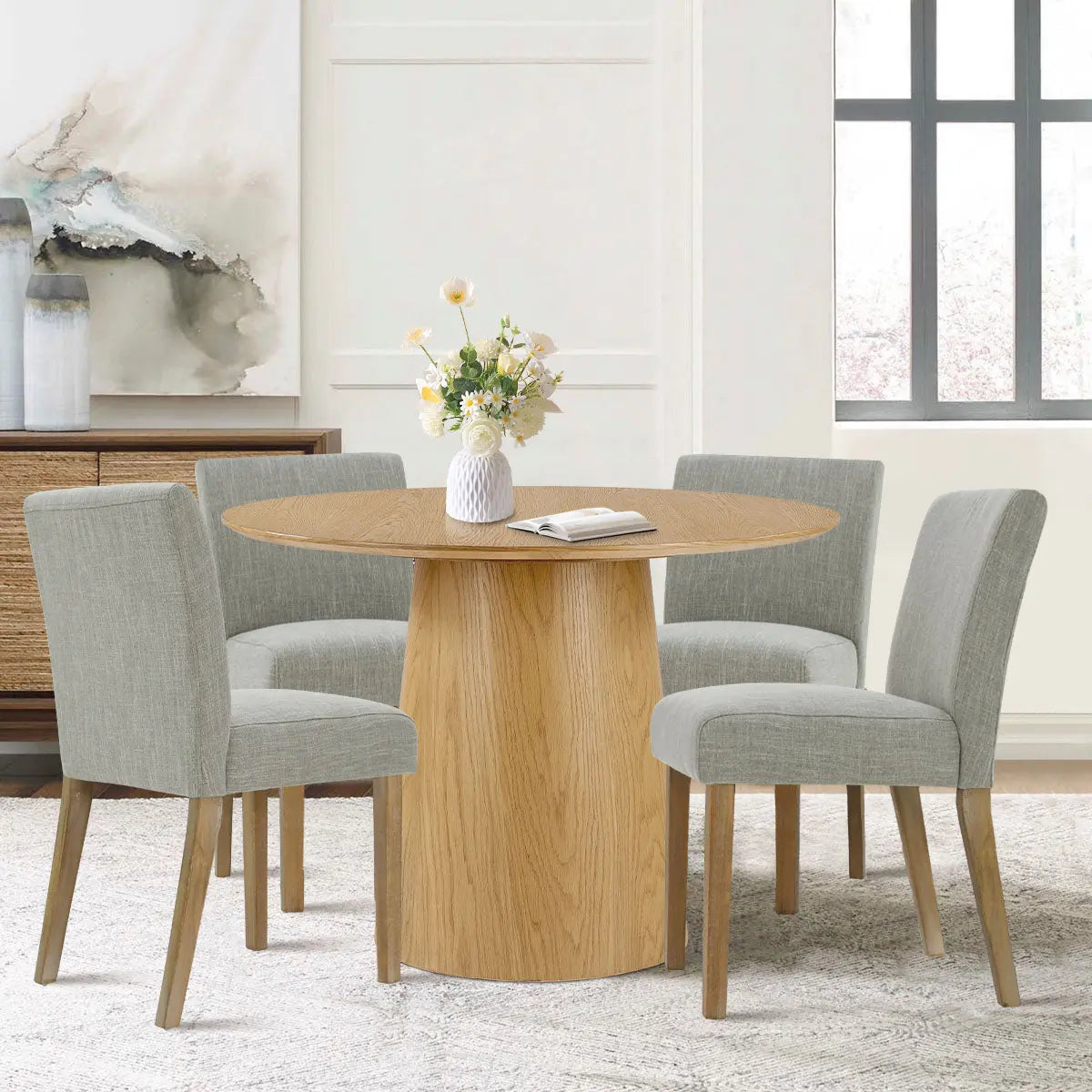 Saigong 42" White Oak Modern Elegance: Round Table & North Dining Chairs, Detail-Oriented 4-Seater Dining Set The Pop Maison