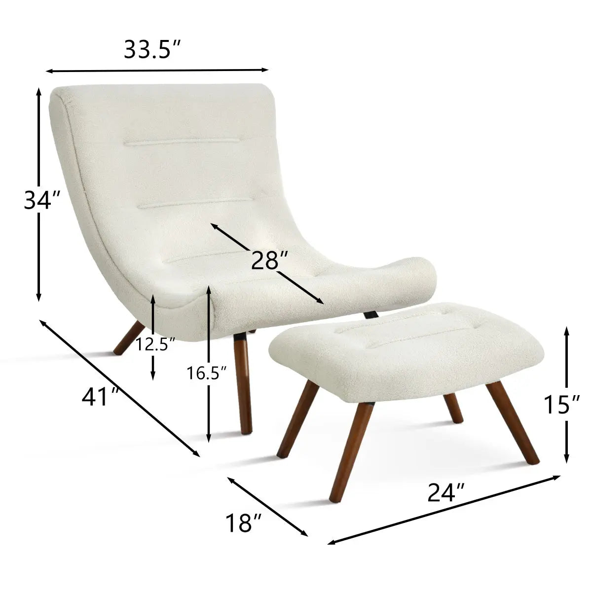 Jupiter 33.5 High Back Wide White Faux Shearling Lounge Lounge Chair  Chaise and Ottoman Foot Rest Set-The Pop Maison
