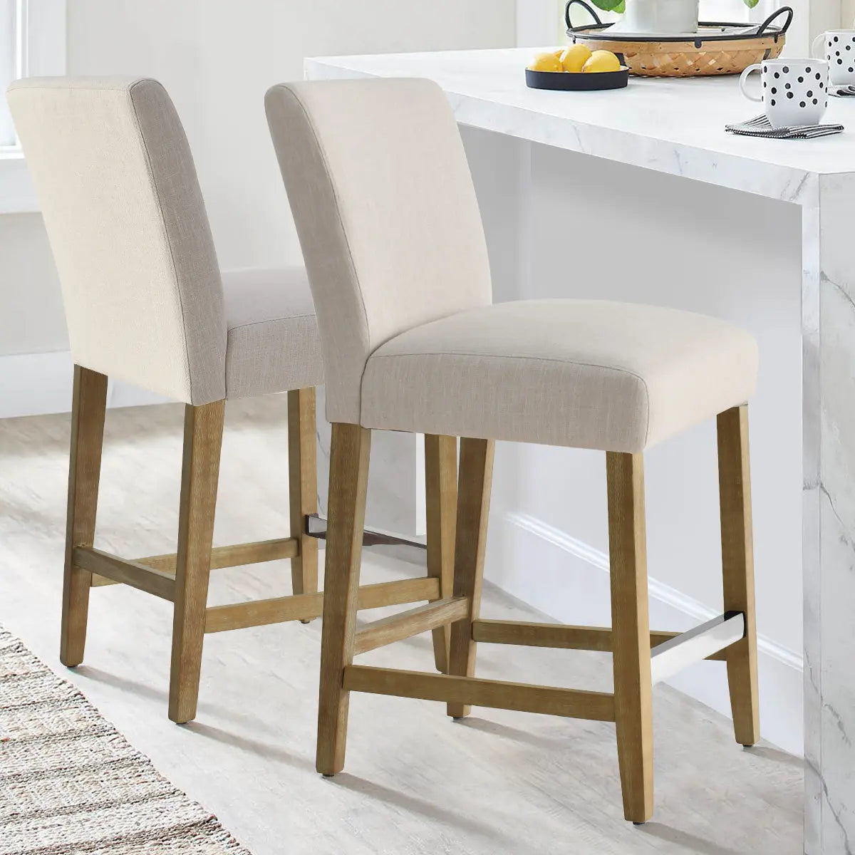 North Counter Stool, Linen Upholstery Seat with Wooden Legs, Set of 2 Stools