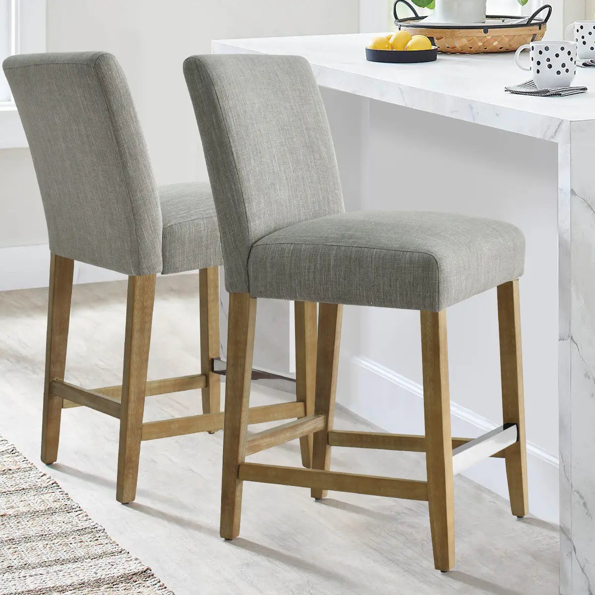 North Counter Stool, Linen Upholstery Seat with Wooden Legs, Set of 2 Stools